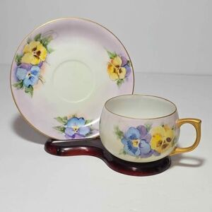 Sweetpea Teacup and Saucer Hand Painted Vintage Artist Signed 1964